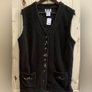 vintage Cap Nord Week-End fleece vest w/ autumnal embroidery olive green fleece